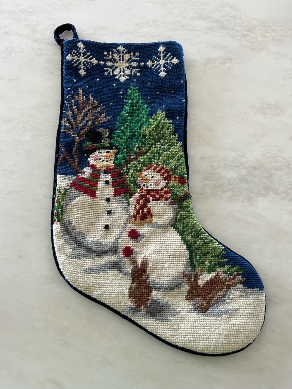 Vintage Snowman Crewel Needlepoint Christmas Stocking Navy Velvet Back Handmade